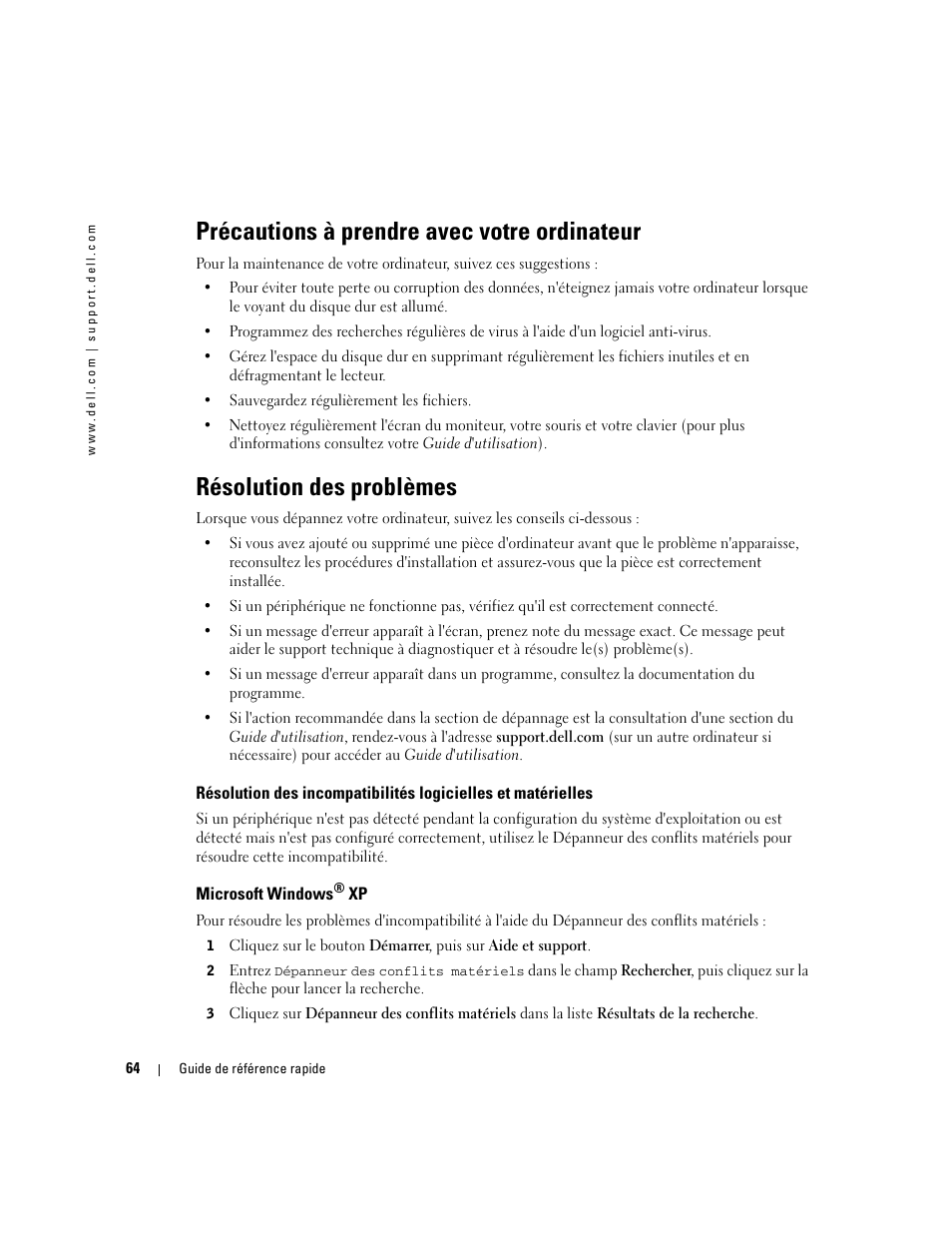 Précautions à prendre avec votre ordinateur, Résolution des problèmes, Microsoft windows® xp | Microsoft windows | Dell Precision 470 User Manual | Page 64 / 210