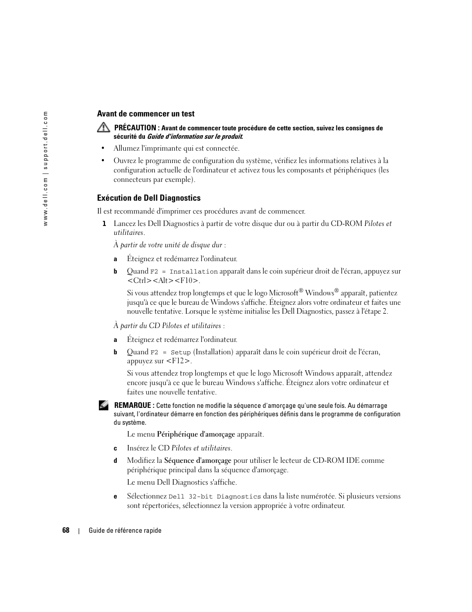 Avant de commencer un test, Exécution de dell diagnostics | Dell Precision 470 User Manual | Page 68 / 210