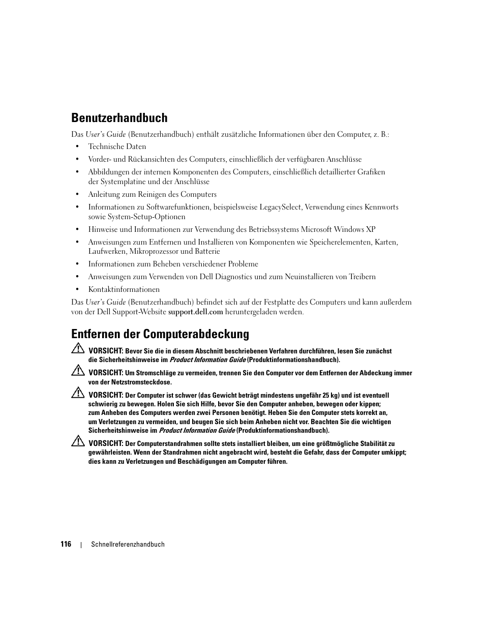Benutzerhandbuch, Entfernen der computerabdeckung | Dell Precision 690 User Manual | Page 116 / 234