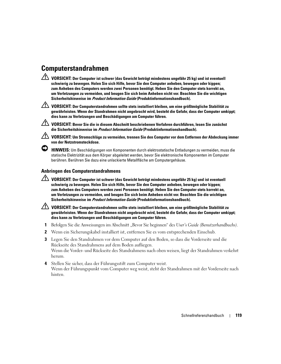 Computerstandrahmen, Anbringen des computerstandrahmens | Dell Precision 690 User Manual | Page 119 / 234