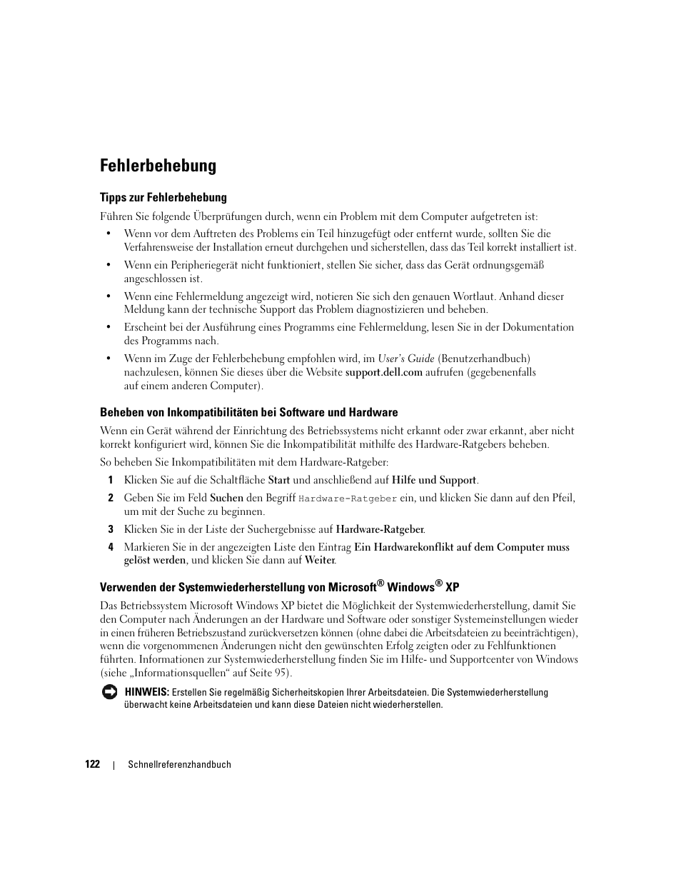 Fehlerbehebung, Tipps zur fehlerbehebung, Windows | Dell Precision 690 User Manual | Page 122 / 234