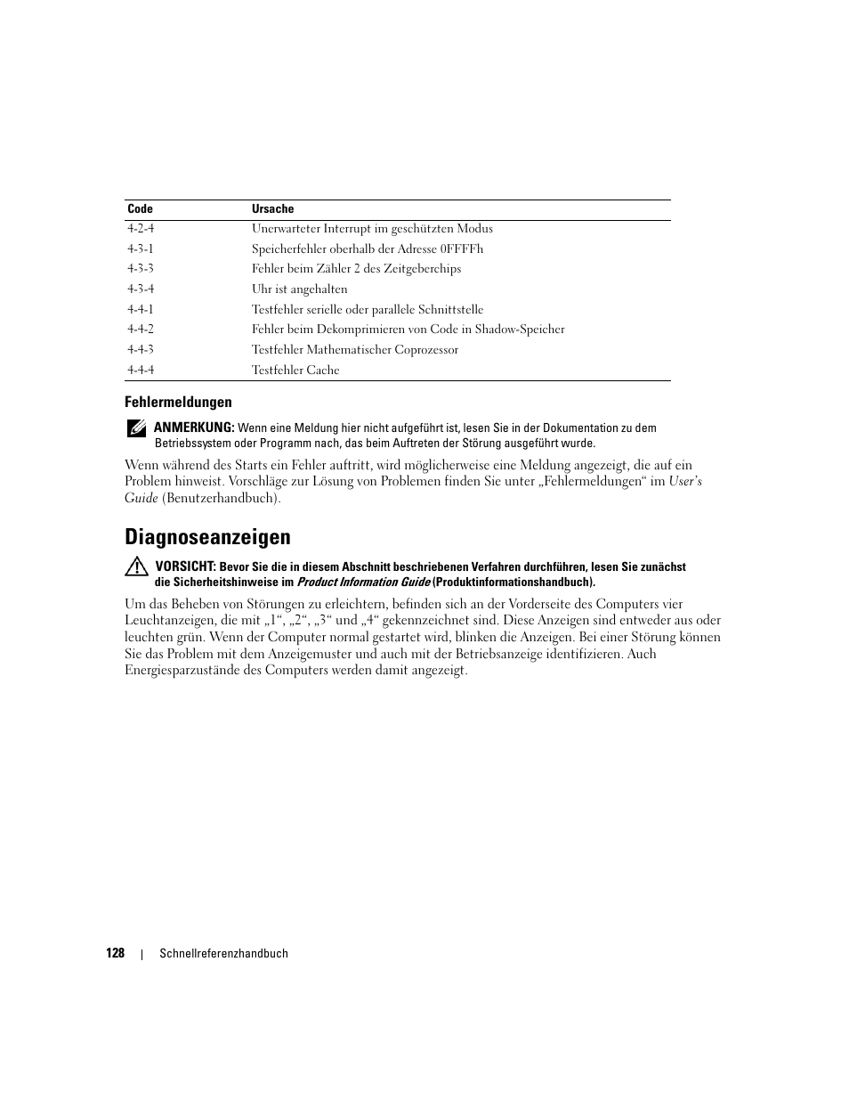 Fehlermeldungen, Diagnoseanzeigen | Dell Precision 690 User Manual | Page 128 / 234