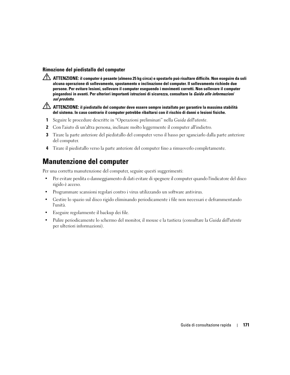 Rimozione del piedistallo del computer, Manutenzione del computer, Windows | Dell Precision 690 User Manual | Page 171 / 234