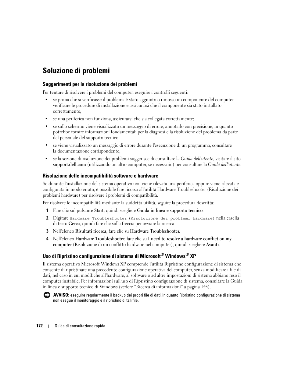 Soluzione di problemi, Suggerimenti per la risoluzione dei problemi | Dell Precision 690 User Manual | Page 172 / 234