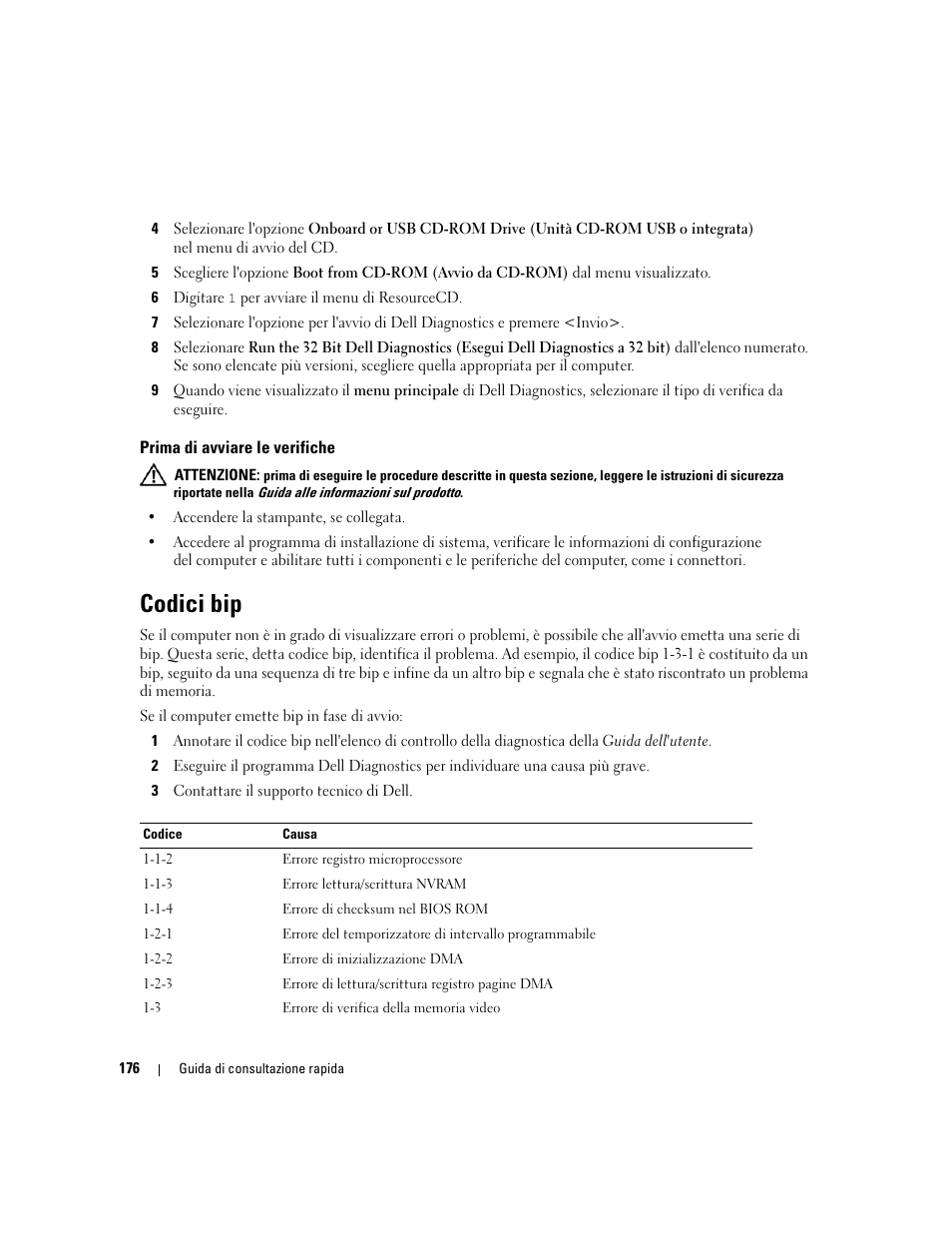 Prima di avviare le verifiche, Codici bip | Dell Precision 690 User Manual | Page 176 / 234
