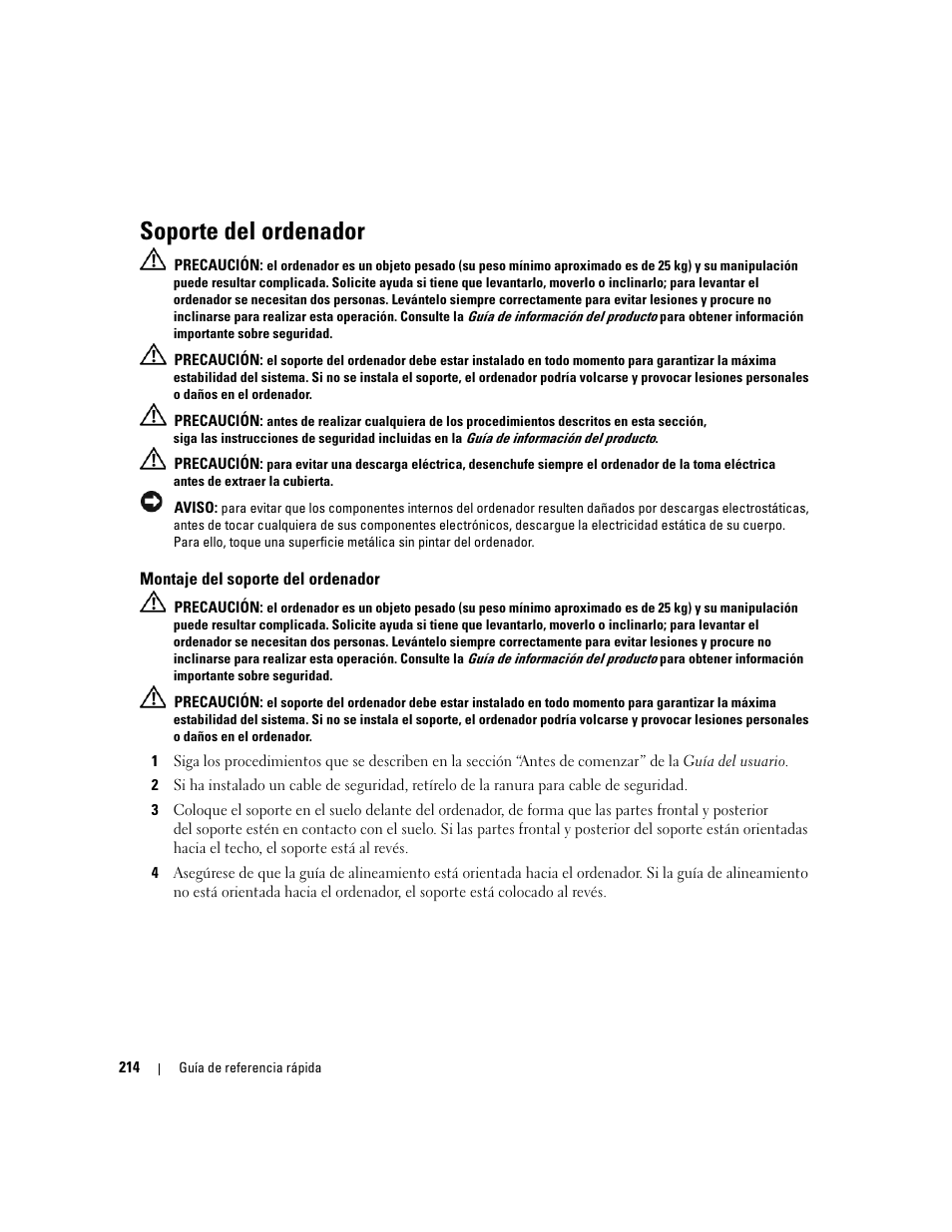 Soporte del ordenador, Montaje del soporte del ordenador | Dell Precision 690 User Manual | Page 214 / 234