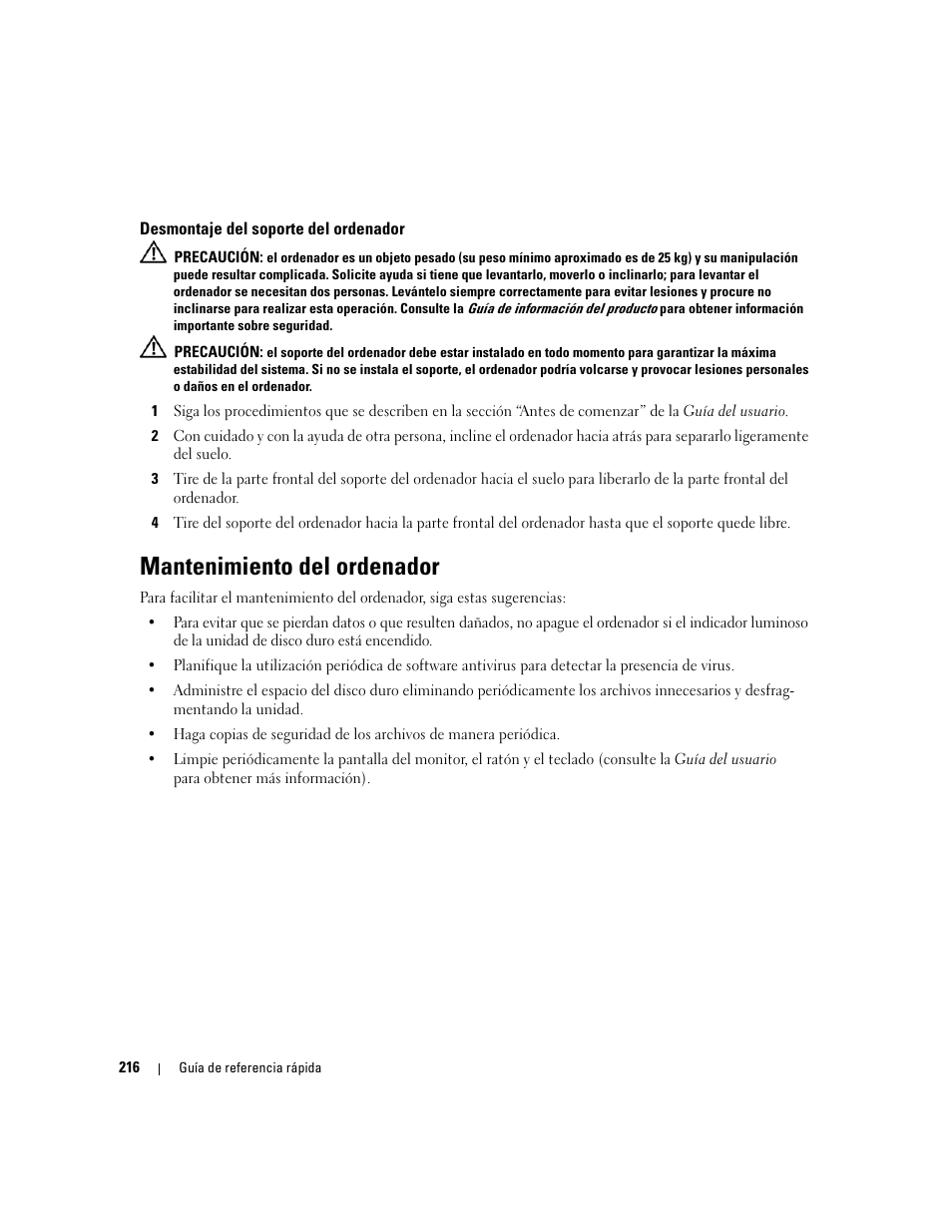 Desmontaje del soporte del ordenador, Mantenimiento del ordenador | Dell Precision 690 User Manual | Page 216 / 234