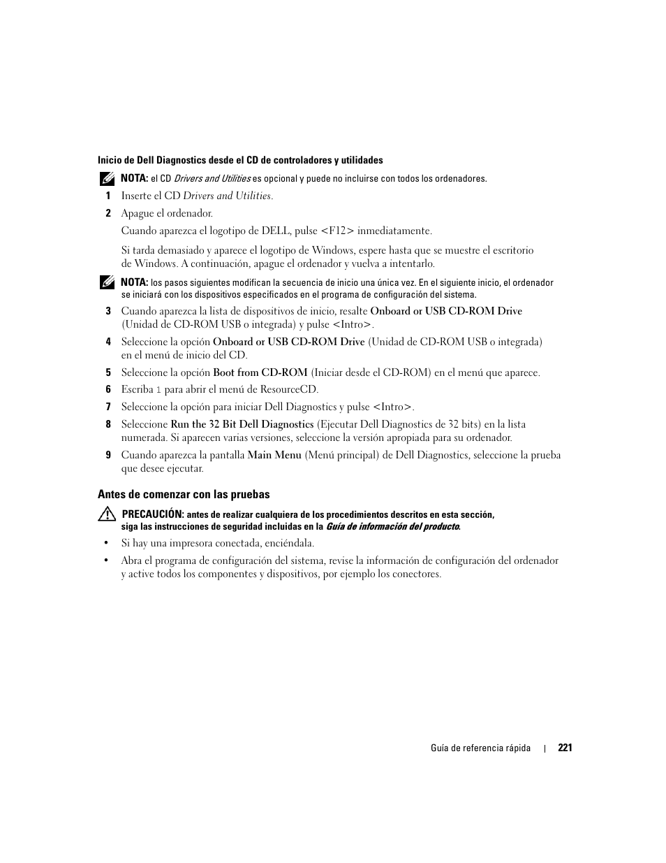 Antes de comenzar con las pruebas | Dell Precision 690 User Manual | Page 221 / 234