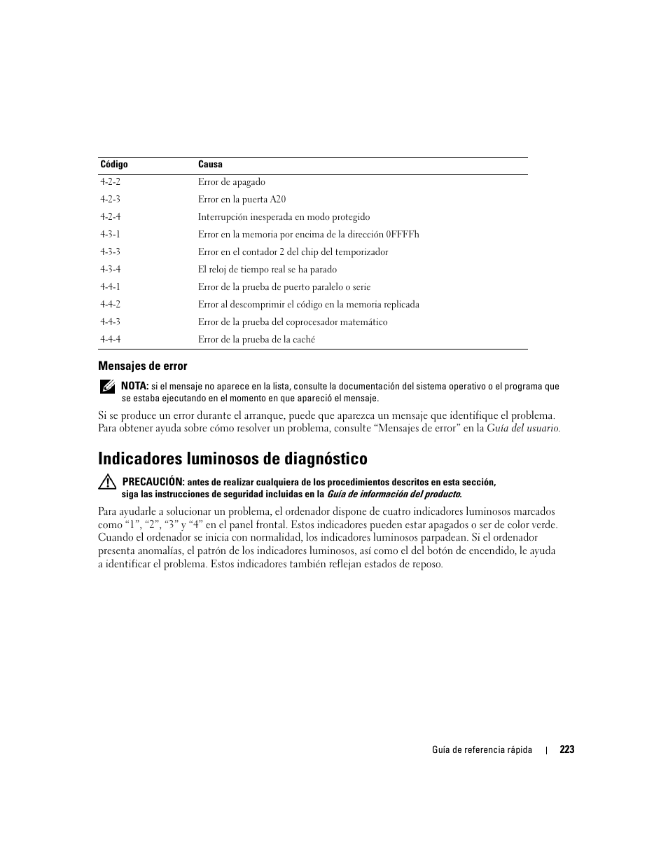 Mensajes de error, Indicadores luminosos de diagnóstico | Dell Precision 690 User Manual | Page 223 / 234