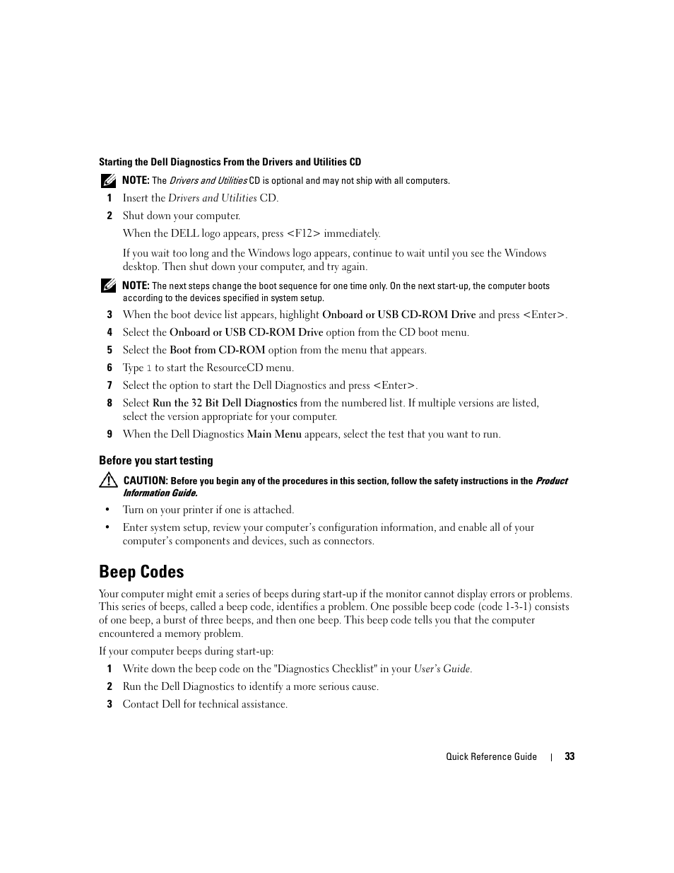 Before you start testing, Beep codes | Dell Precision 690 User Manual | Page 33 / 234