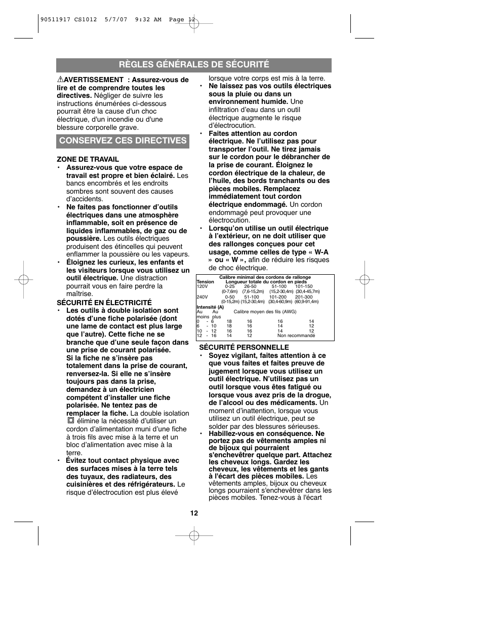Règles générales de sécurité, Sa ve thestructions, Conservez ces directives | Black & Decker CS1012 User Manual | Page 12 / 32