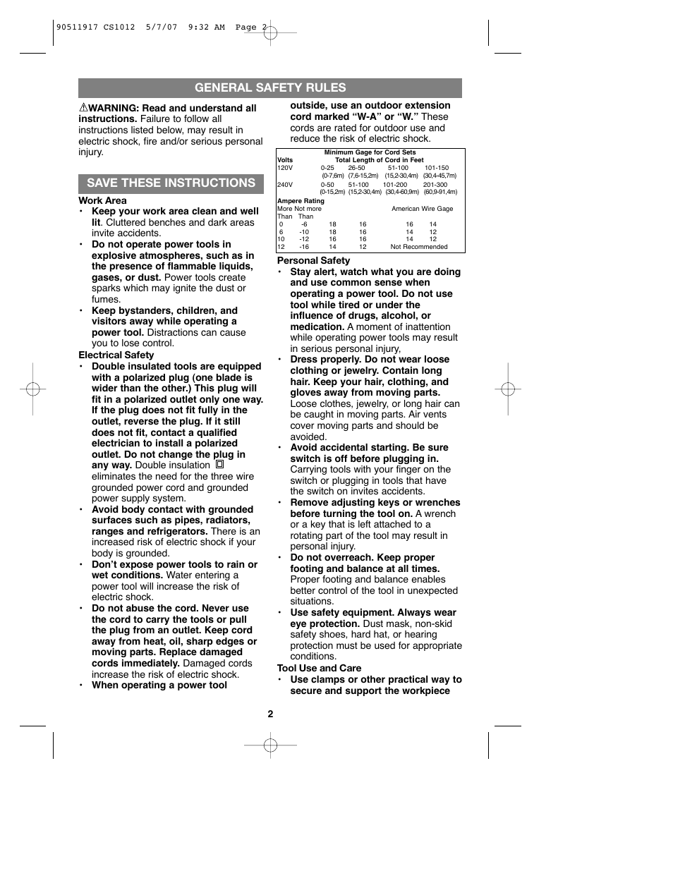 Save these instructions, General safety rules | Black & Decker CS1012 User Manual | Page 2 / 32
