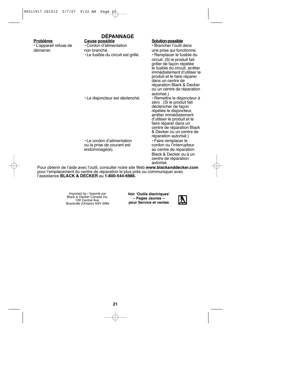 Dépannage | Black & Decker CS1012 User Manual | Page 21 / 32