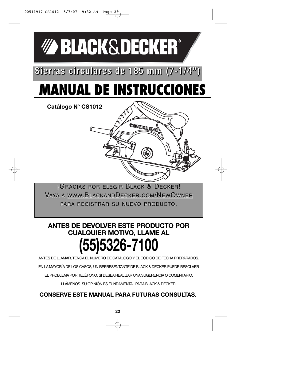 Manual de instrucciones | Black & Decker CS1012 User Manual | Page 22 / 32