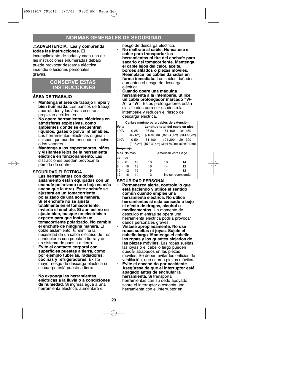Normas generales de seguridad, Save conserve estas instr instrucciones ucciones t, Conserve estas instrucciones | Black & Decker CS1012 User Manual | Page 23 / 32