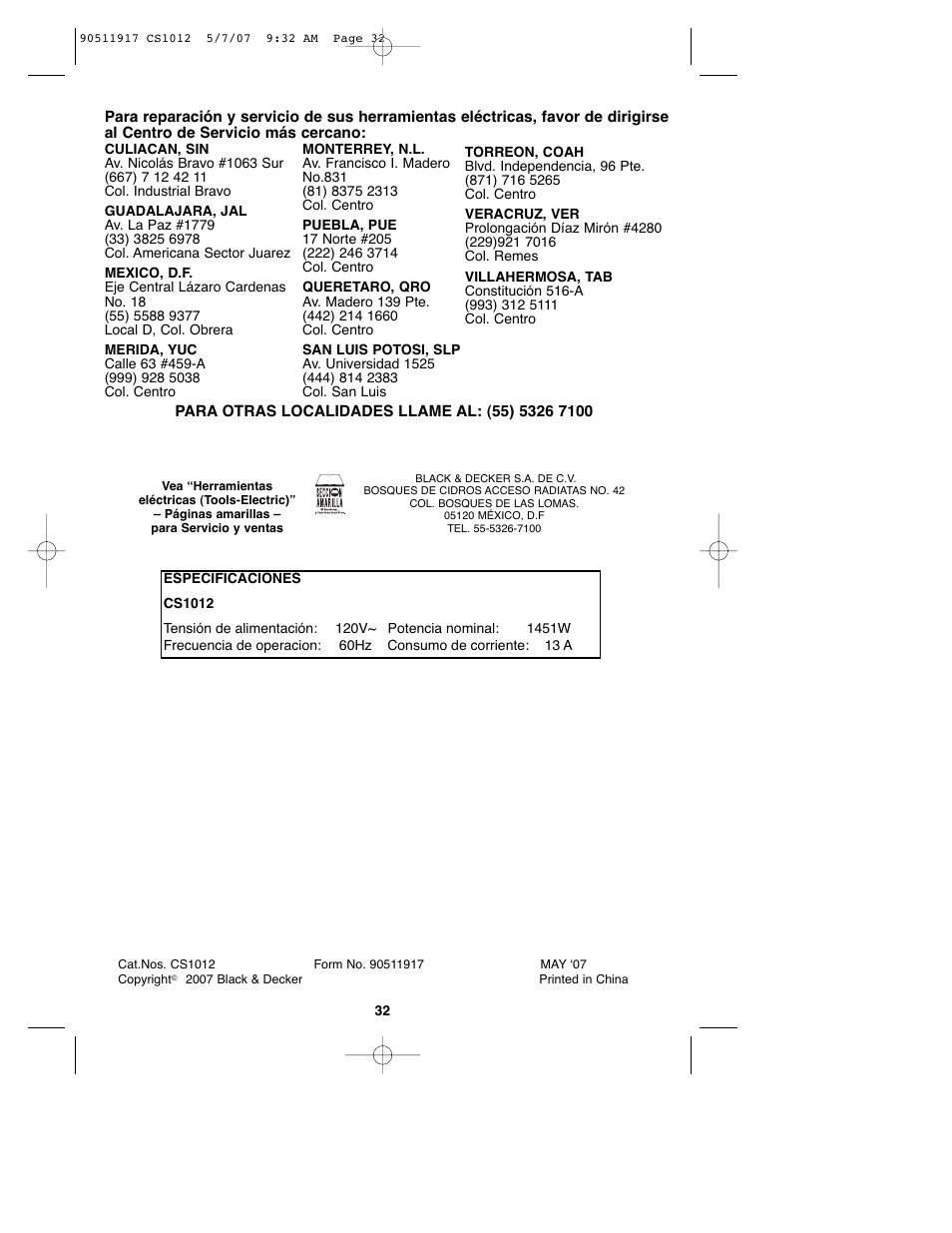 Black & Decker CS1012 User Manual | Page 32 / 32