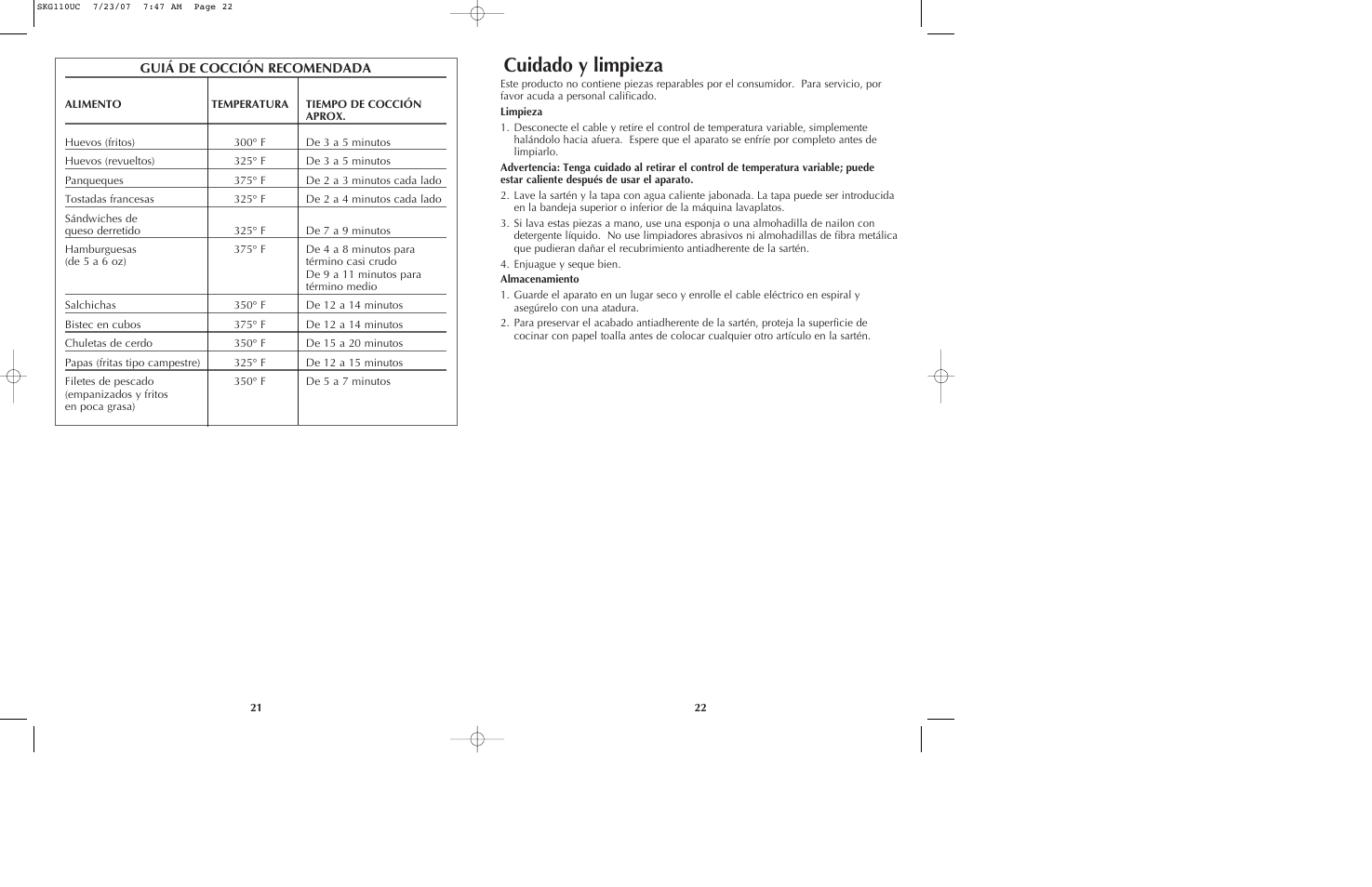 Cuidado y limpieza | Black & Decker SKG110 User Manual | Page 12 / 21