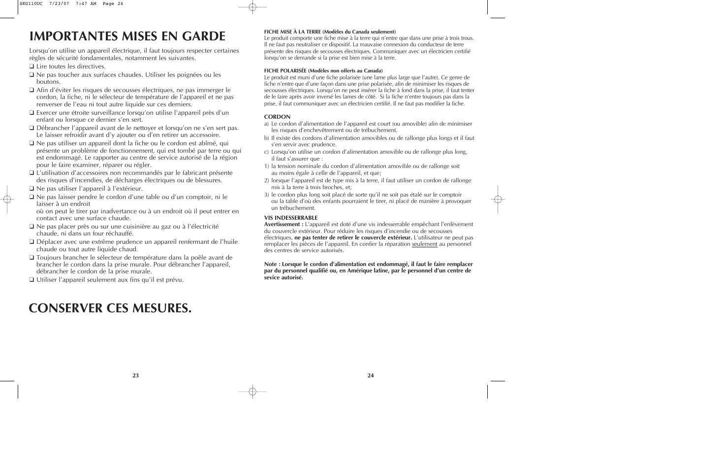 Importantes mises en garde, Conserver ces mesures | Black & Decker SKG110 User Manual | Page 13 / 21