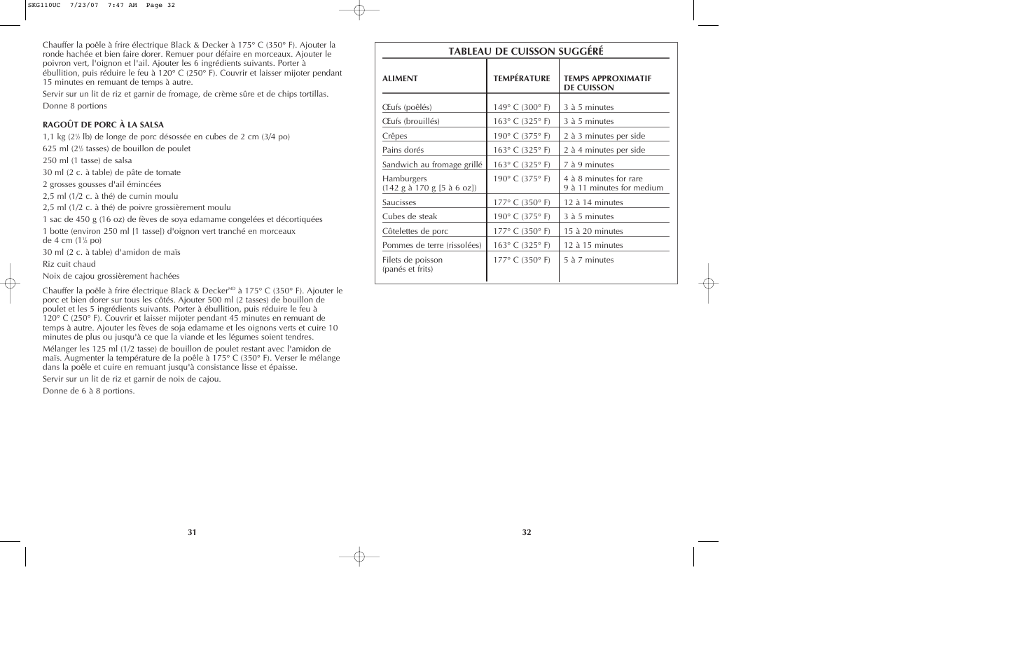 Tableau de cuisson suggéré | Black & Decker SKG110 User Manual | Page 17 / 21