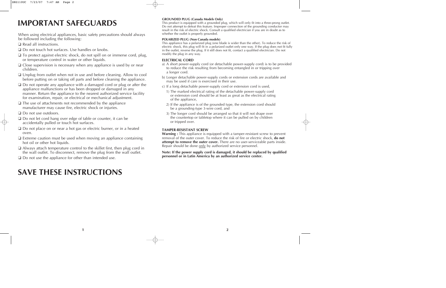 Important safeguards, Save these instructions | Black & Decker SKG110 User Manual | Page 2 / 21