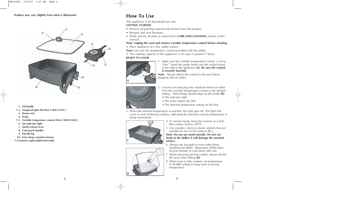 How to use, Product may vary slightly from what is illustrated, Bd c | Black & Decker SKG110 User Manual | Page 3 / 21