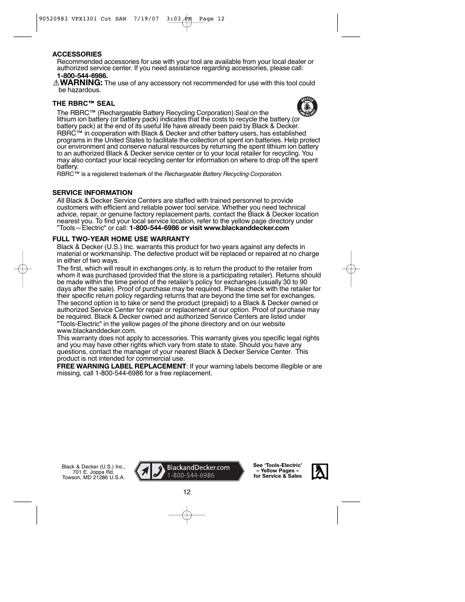 Warning | Black & Decker 1 VPX VPX1301 User Manual | Page 12 / 38
