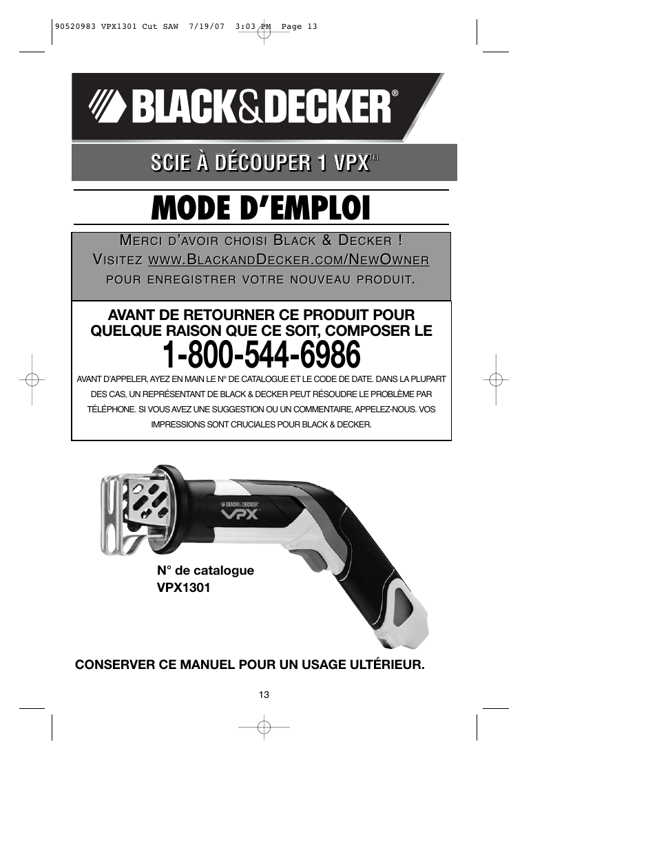 Mode d’emploi | Black & Decker 1 VPX VPX1301 User Manual | Page 13 / 38