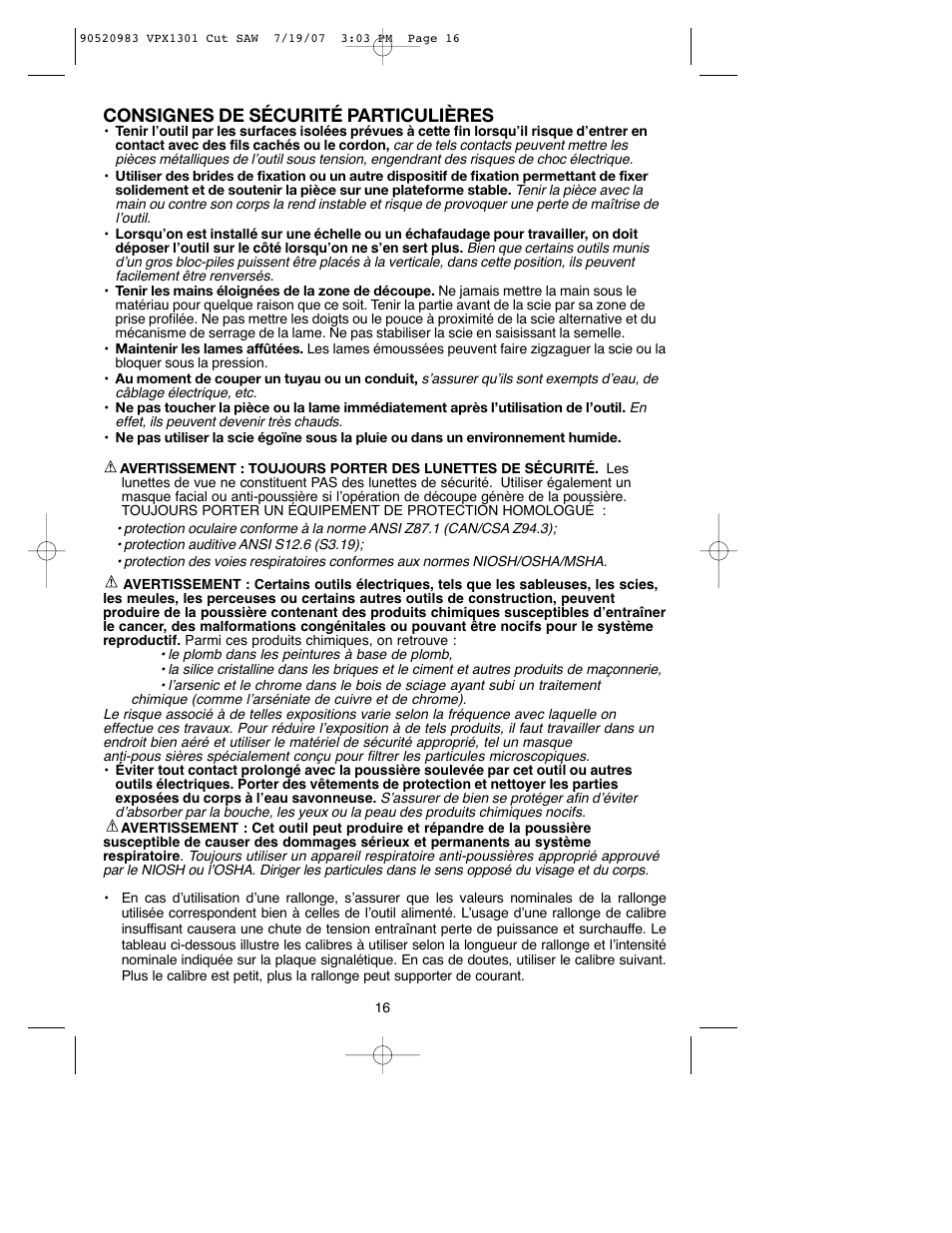 Consignes de sécurité particulières | Black & Decker 1 VPX VPX1301 User Manual | Page 16 / 38