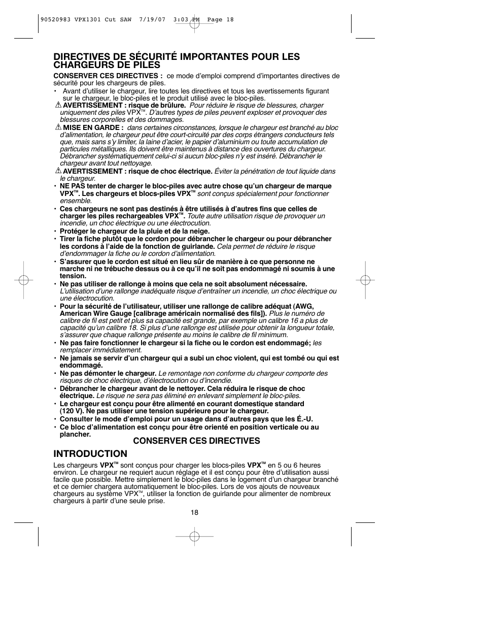 Introduction, Conserver ces directives | Black & Decker 1 VPX VPX1301 User Manual | Page 18 / 38