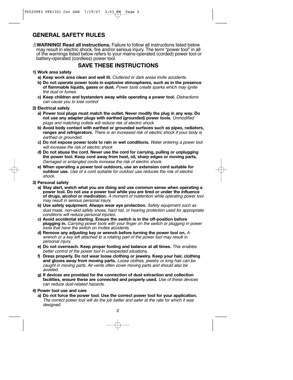 General safety rules, Save these instructions | Black & Decker 1 VPX VPX1301 User Manual | Page 2 / 38