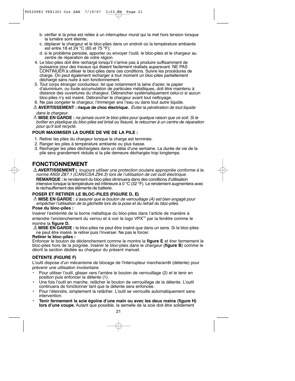 Fonctionnement | Black & Decker 1 VPX VPX1301 User Manual | Page 21 / 38