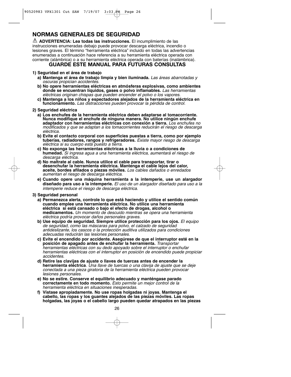 Normas generales de seguridad | Black & Decker 1 VPX VPX1301 User Manual | Page 26 / 38