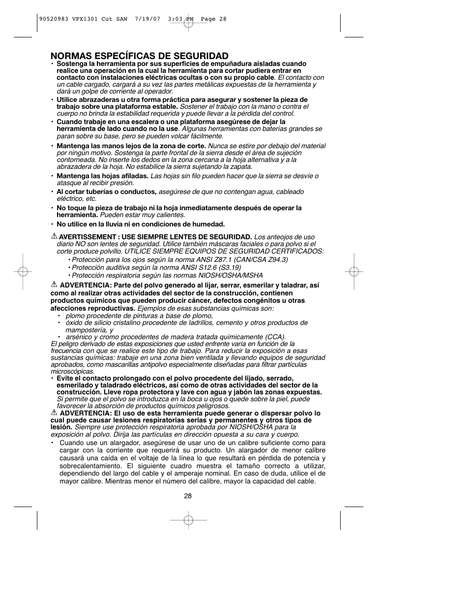 Normas específicas de seguridad | Black & Decker 1 VPX VPX1301 User Manual | Page 28 / 38
