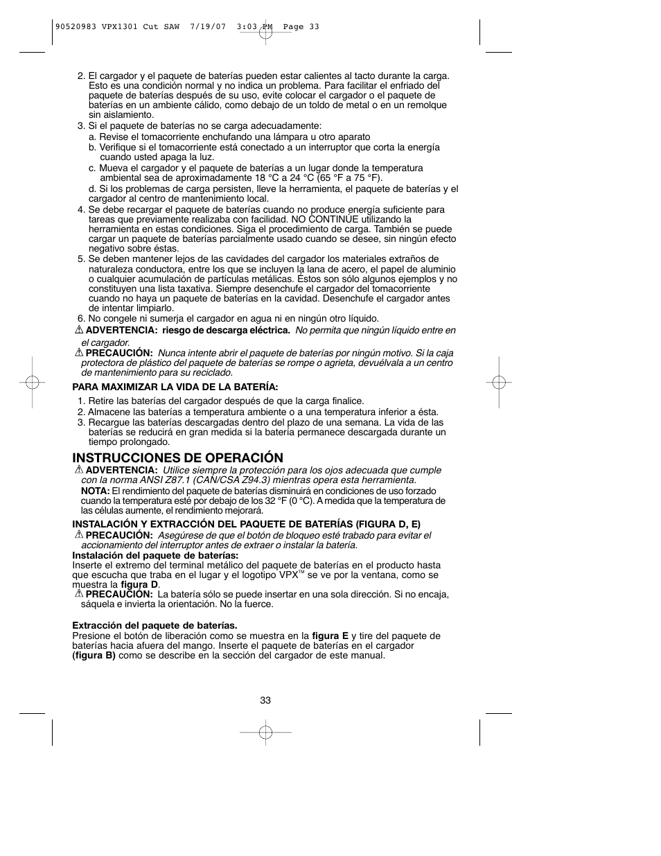 Instrucciones de operación | Black & Decker 1 VPX VPX1301 User Manual | Page 33 / 38