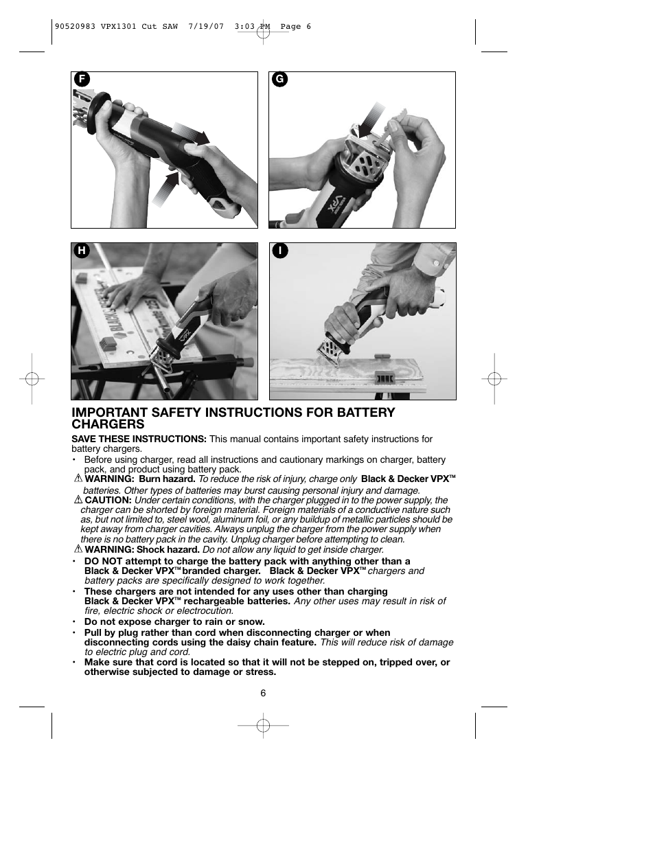 Important safety instructions for battery chargers | Black & Decker 1 VPX VPX1301 User Manual | Page 6 / 38