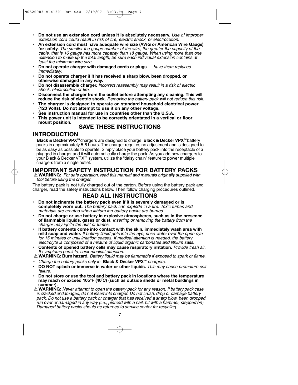 Save these instructions introduction, Important safety instruction for battery packs, Read all instructions | Black & Decker 1 VPX VPX1301 User Manual | Page 7 / 38