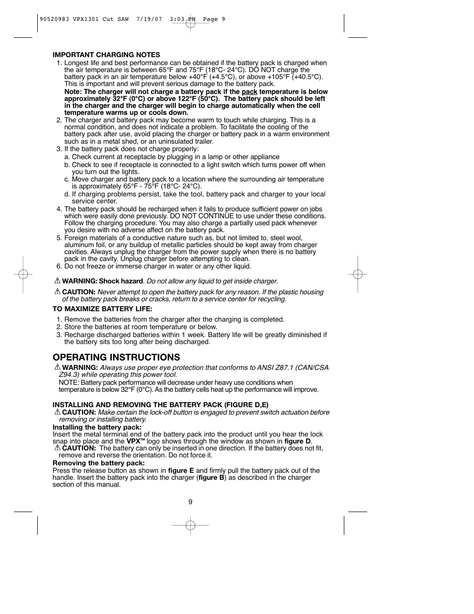 Operating instructions | Black & Decker 1 VPX VPX1301 User Manual | Page 9 / 38