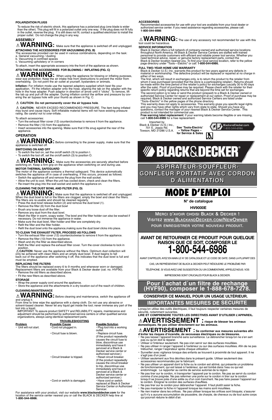 Mode d’emploi, Warning, Avertissement | Black & Decker 90068347 User Manual | Page 2 / 5