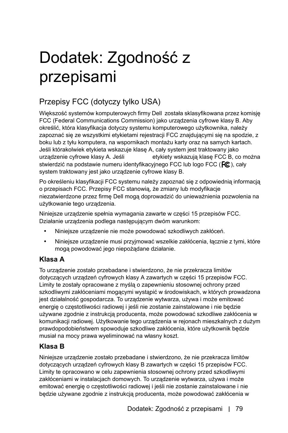 Dodatek: zgodnoœæ z przepisami, Przepisy fcc (dotyczy tylko usa), Dodatek: zgodność z przepisami | Dell 1800MP Projector User Manual | Page 1009 / 1096