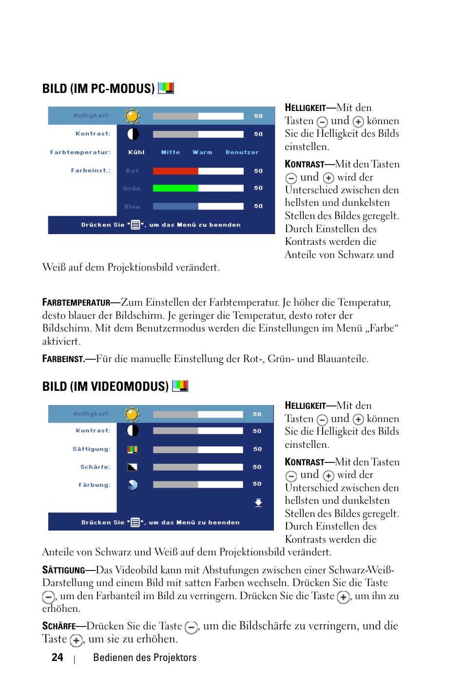Bild (im pc-modus), Bild (im videomodus) | Dell 1800MP Projector User Manual | Page 102 / 1096