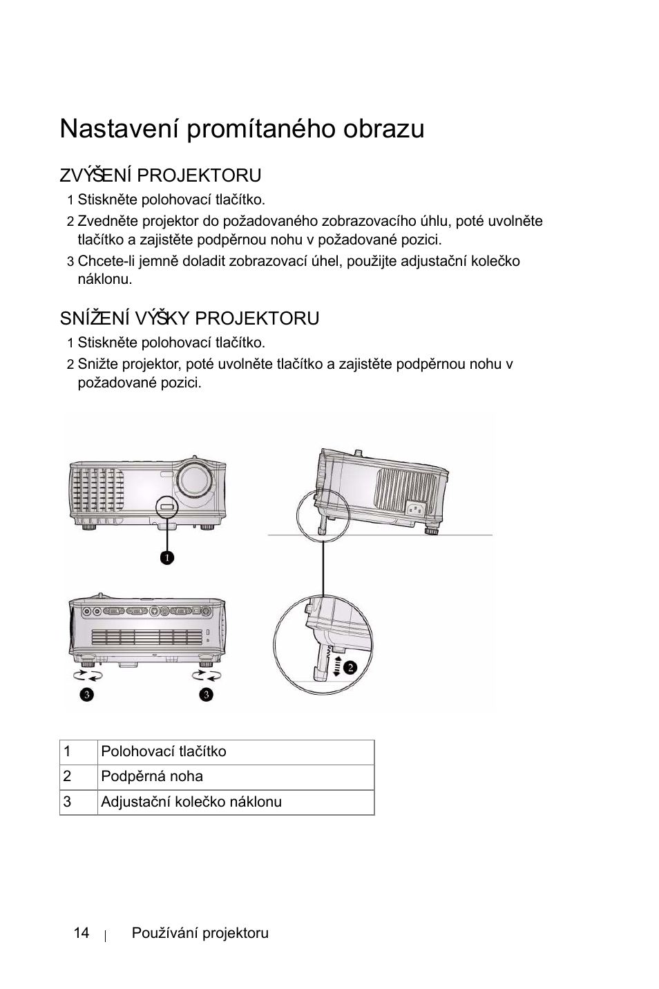 Nastavení promítaného obrazu, Zvæðení projektoru, Sní˛ení væðky projektoru | Zvýšení projektoru, Snížení výšky projektoru | Dell 1800MP Projector User Manual | Page 1030 / 1096
