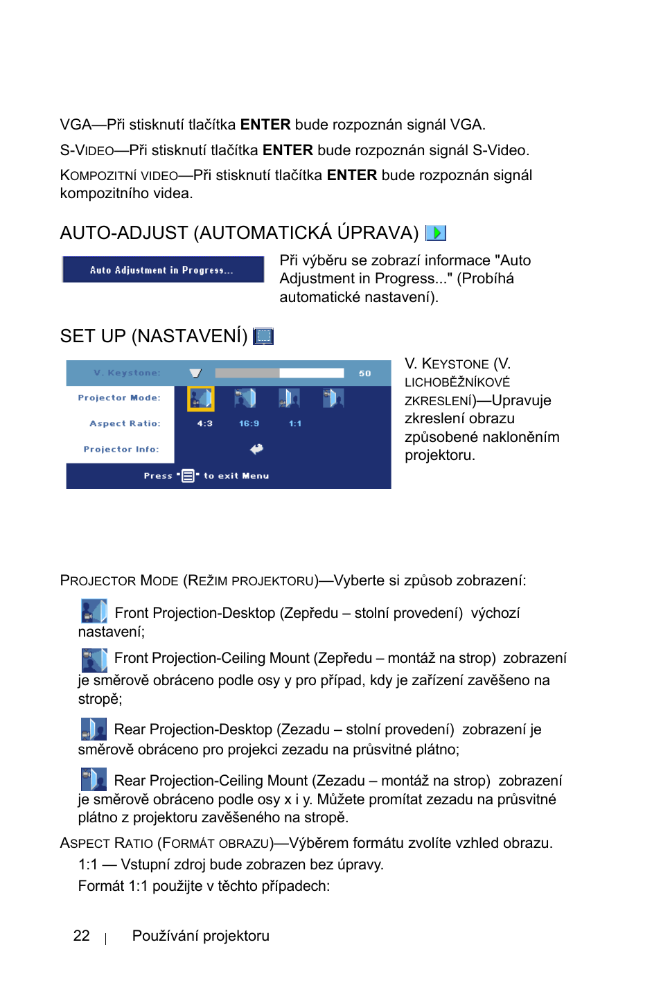 Auto-adjust (automatická úprava), Set up (nastavení) | Dell 1800MP Projector User Manual | Page 1038 / 1096