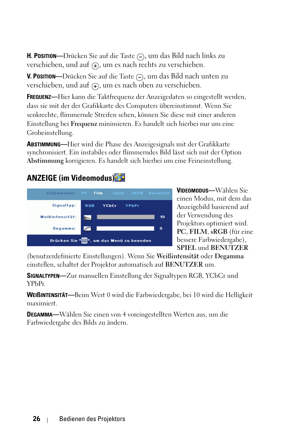 Anzeige (im videomodus) | Dell 1800MP Projector User Manual | Page 104 / 1096