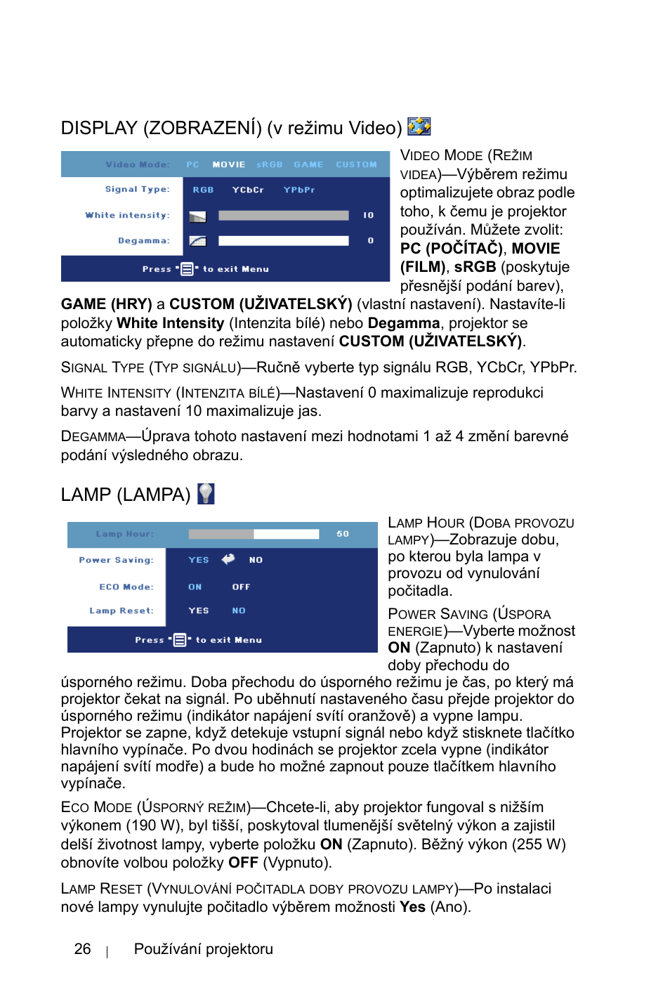 Display (zobrazení) (v re˛imu video), Lamp (lampa), Display (zobrazení) (v režimu video) | Dell 1800MP Projector User Manual | Page 1042 / 1096