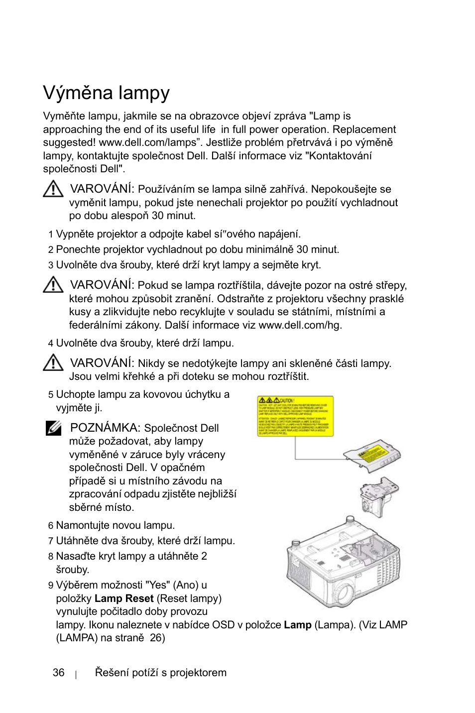 Væmìna lampy, Výměna lampy | Dell 1800MP Projector User Manual | Page 1052 / 1096