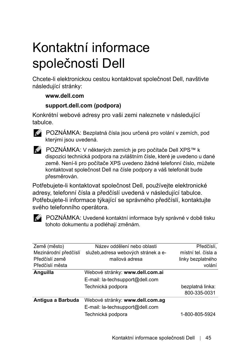 Kontaktní informace spoleènosti dell, Kontaktní informace společnosti dell | Dell 1800MP Projector User Manual | Page 1061 / 1096