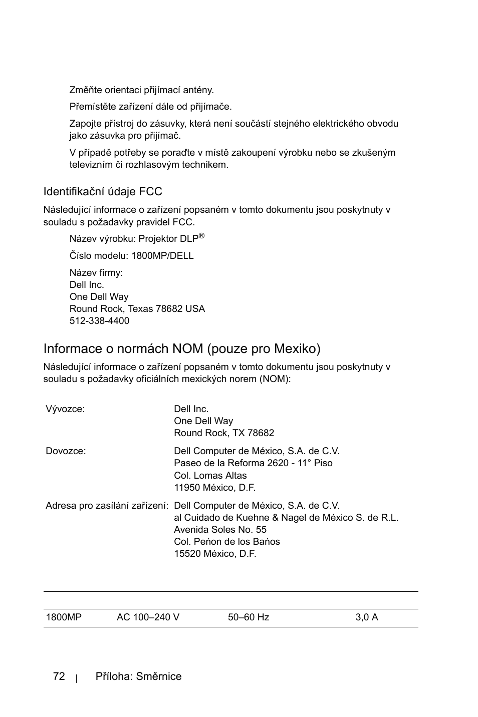 Identifikaèní údaje fcc, Informace o normách nom (pouze pro mexiko) | Dell 1800MP Projector User Manual | Page 1088 / 1096