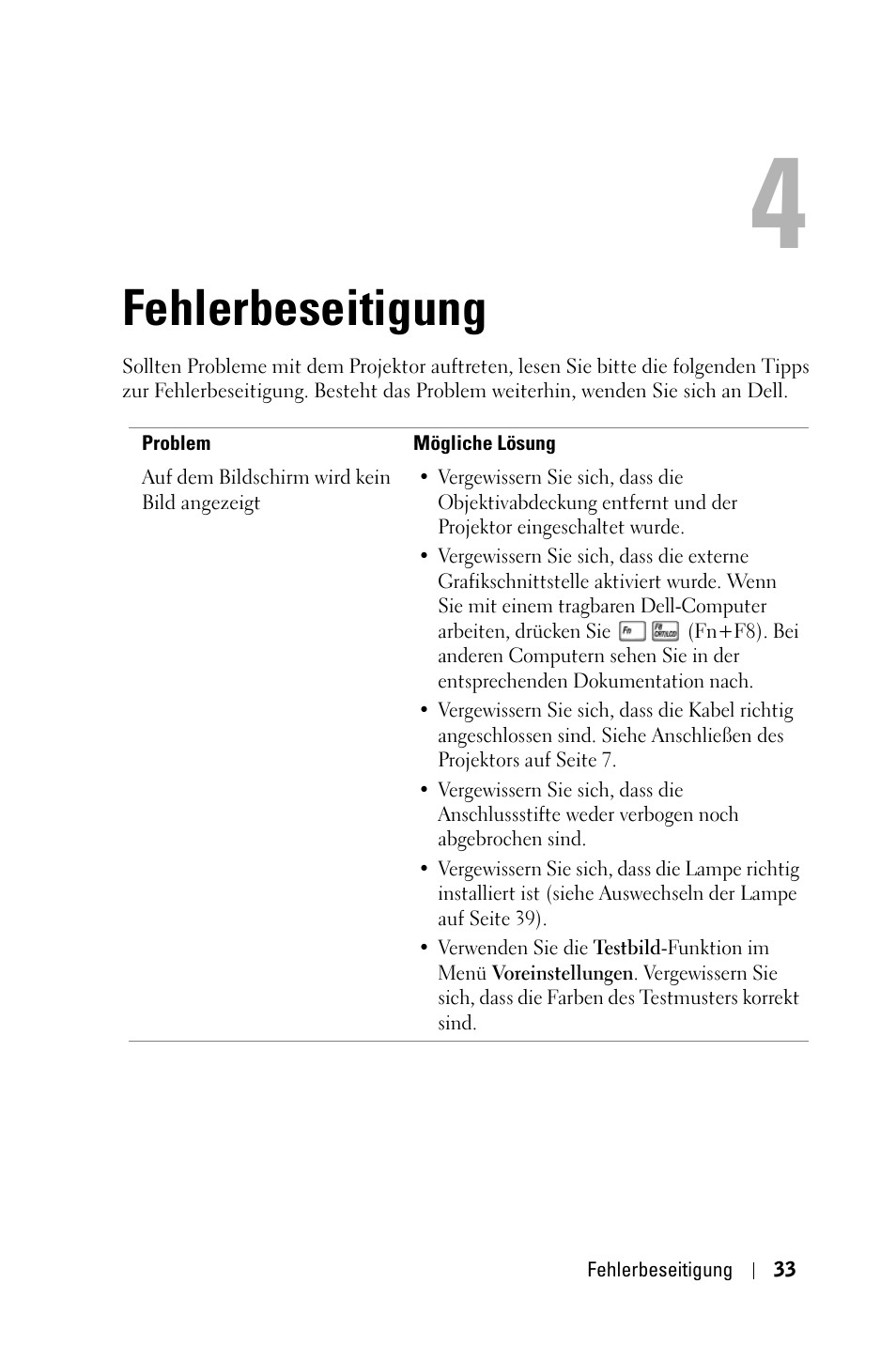Fehlerbeseitigung | Dell 1800MP Projector User Manual | Page 111 / 1096