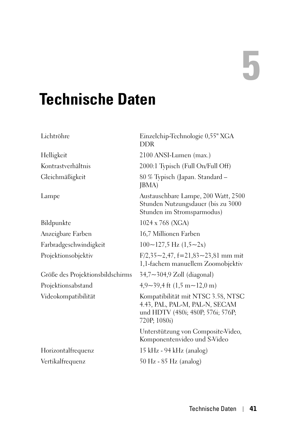 Technische daten | Dell 1800MP Projector User Manual | Page 119 / 1096