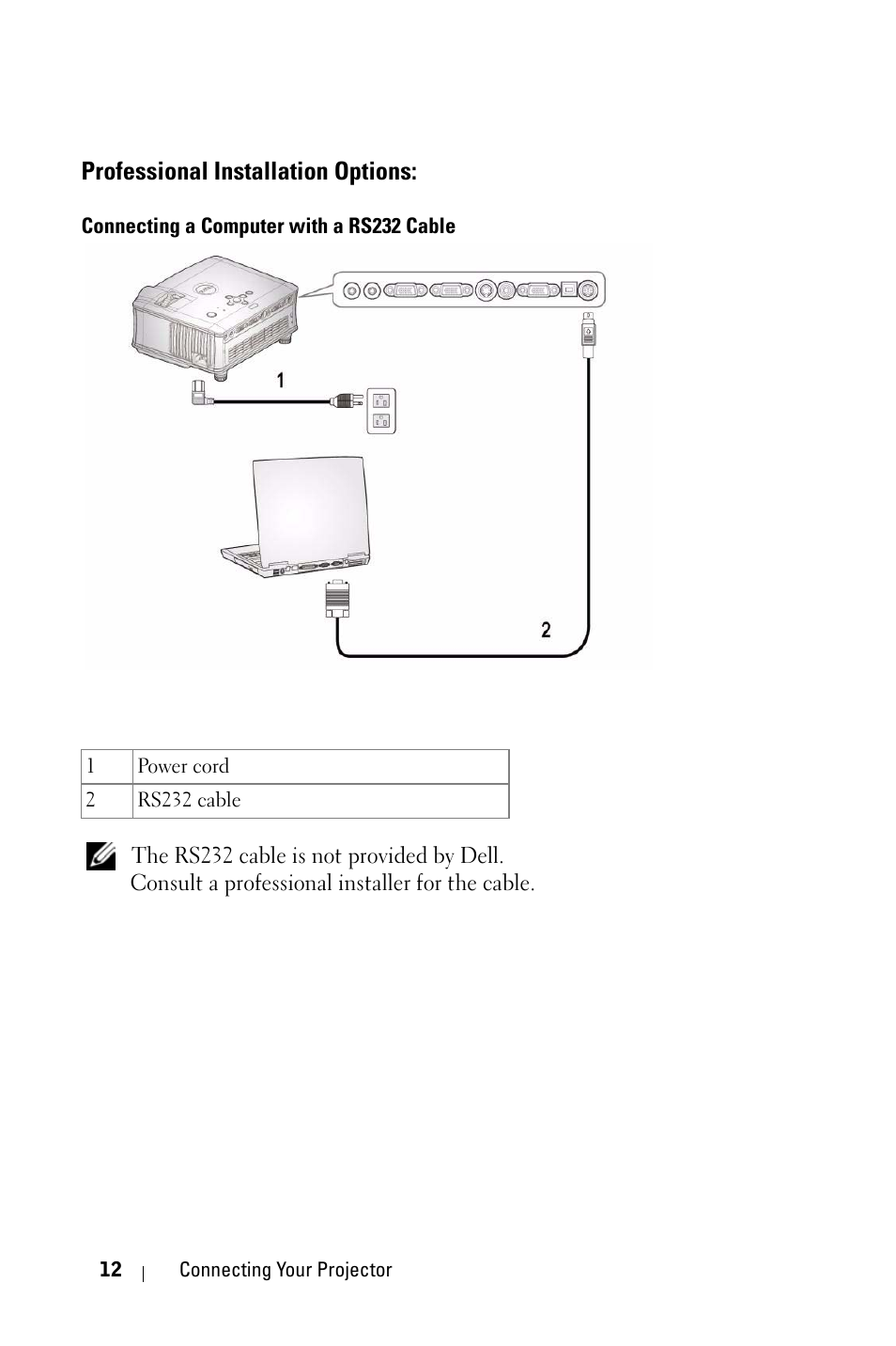 Professional installation options, Connecting a computer with a rs232 cable | Dell 1800MP Projector User Manual | Page 12 / 1096